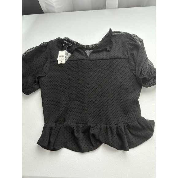 Express Smocked Peplum Top Swiss Dot Ruffle Trim Puff Sleeve Black L - Picture 2 of 8
